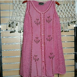 Vintage pink embroidery button down sun dress